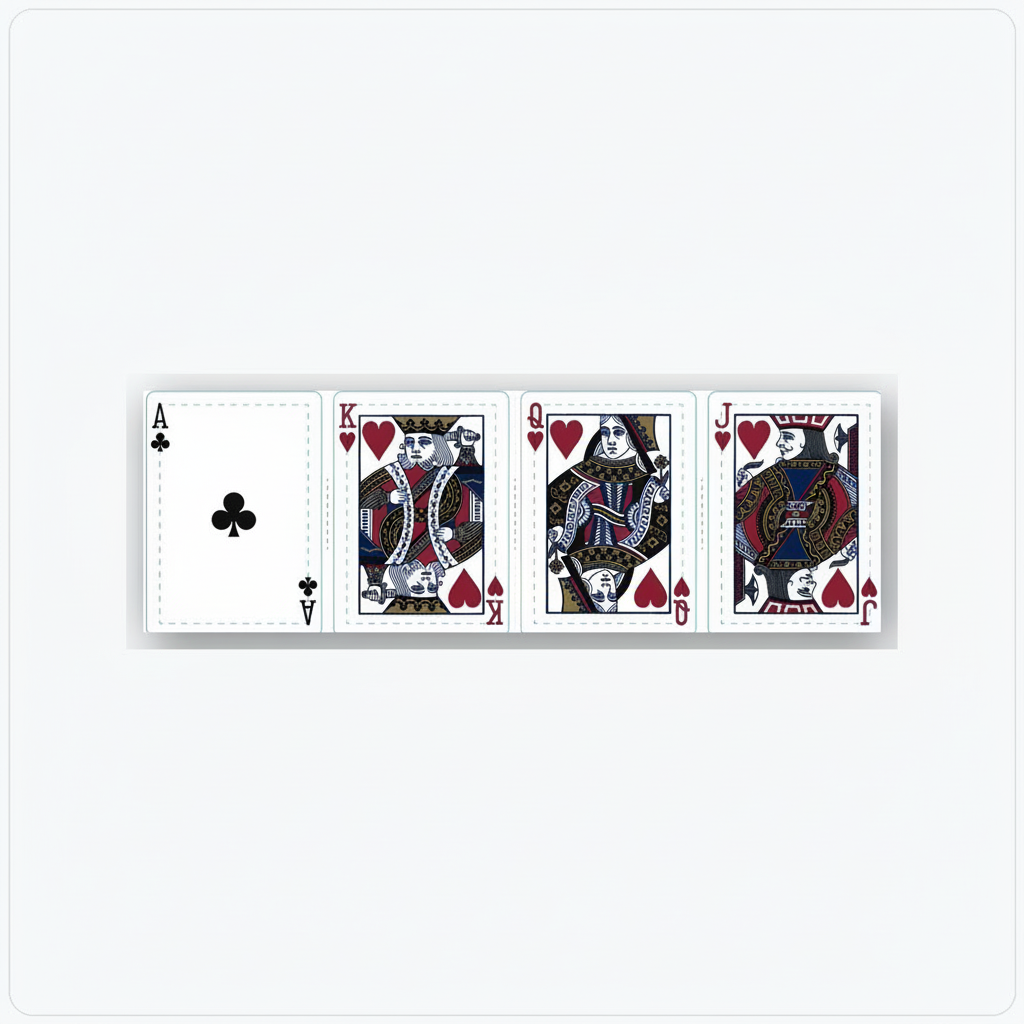 Four playing cards (Ace of Clubs, King of Hearts, Queen of Hearts, Jack of Hearts) from the Aristocrat Three playing cards from the Aristocrat 727 110th Anniversary deck on a white background