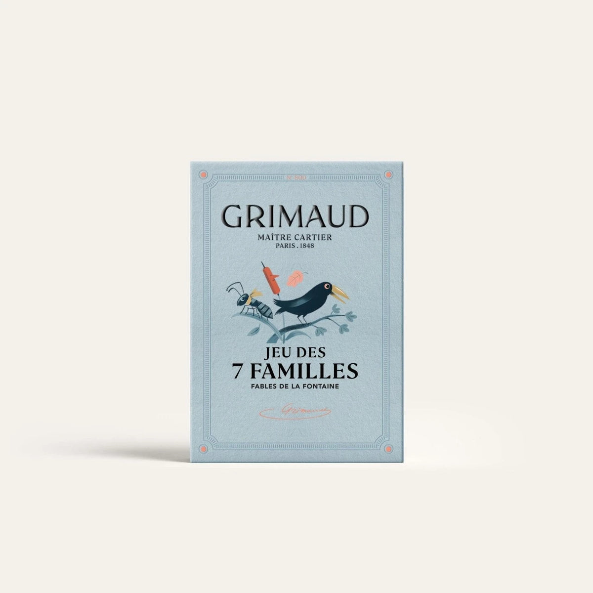Blue-gray Grimaud N°800 Happy Families box front with animal illustrations and Fables de La Fontaine lettering.