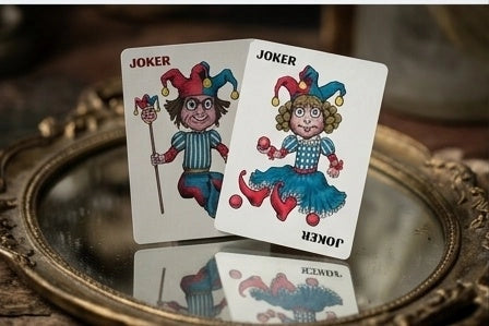 Two Haunted Dolls Playing Cards Jokers featuring colorful jester dolls standing on an ornate mirrored tray