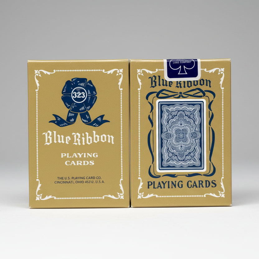 Blue Ribbon playing cards packaging with blue and gold design.