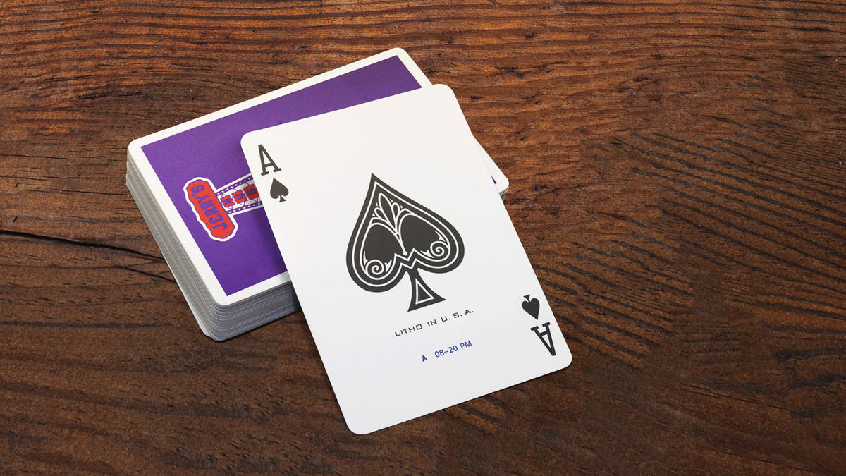 Jerry’s Nugget Royal Purple deck with the classic Ace of Spades displayed on top.