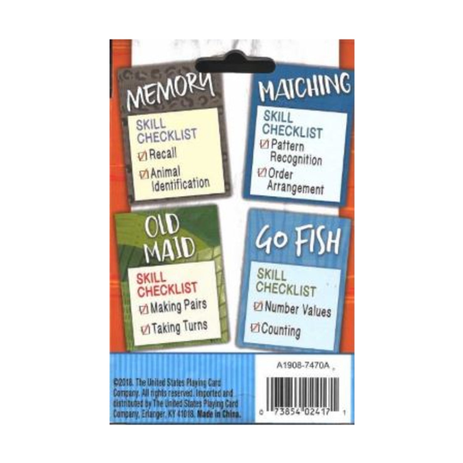 Back of Hoyle 4 in 1 Fun Pack box with skill checklist for Memory, Matching, Old Maid, and Go Fish