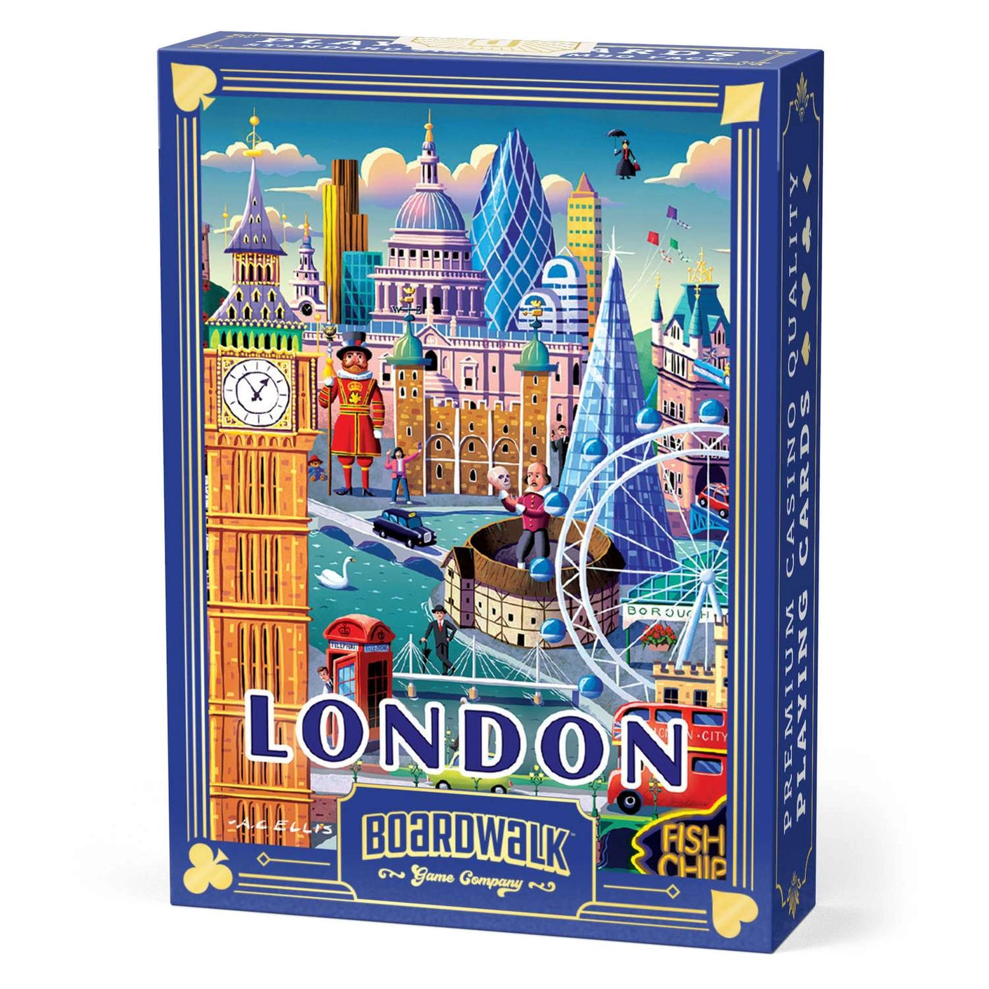 London Playing Cards by Boardwalk tuck box with colorful Big Ben, London Eye, Tower Bridge, and city landmark artwork