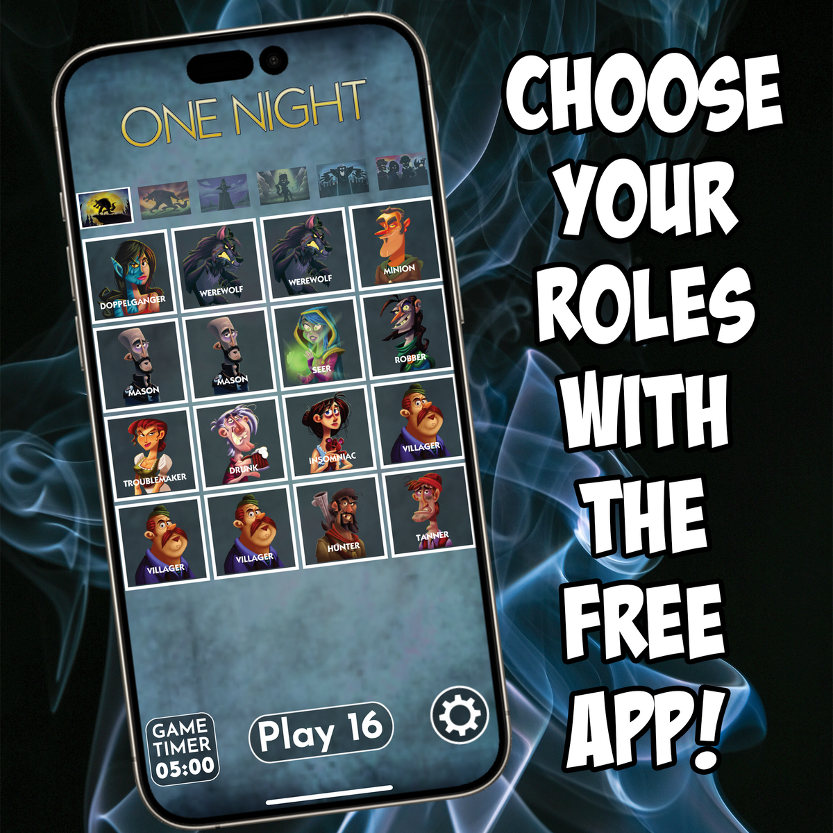One Night Ultimate Werewolf companion app displaying selectable character roles on a phone.