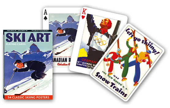 Piatnik Ski Art Playing Cards with illustrated tuck box and sample card artwork