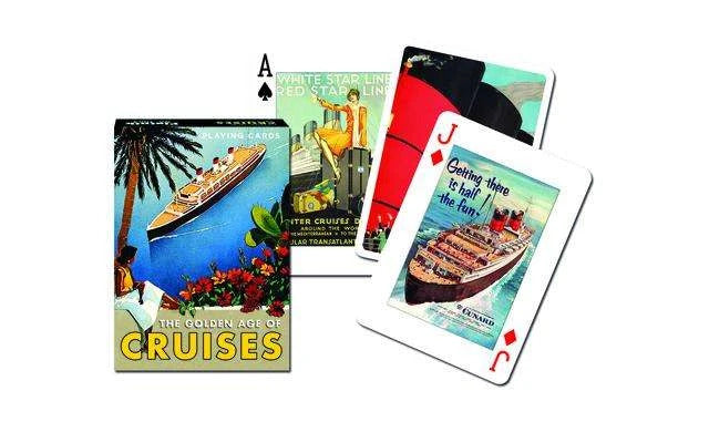 Piatnik The Golden Age of Cruises Playing Cards with illustrated tuck box and sample card artwork