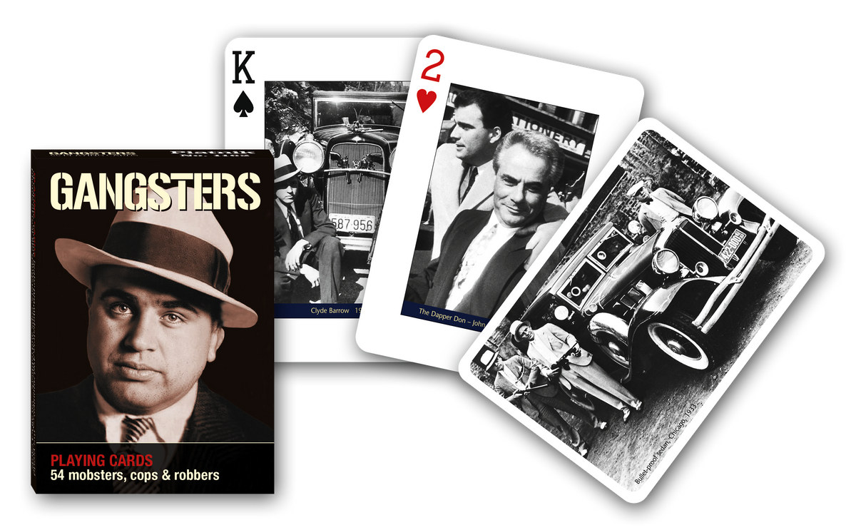 Piatnik Gangsters Playing Cards with illustrated tuck box and sample card artwork