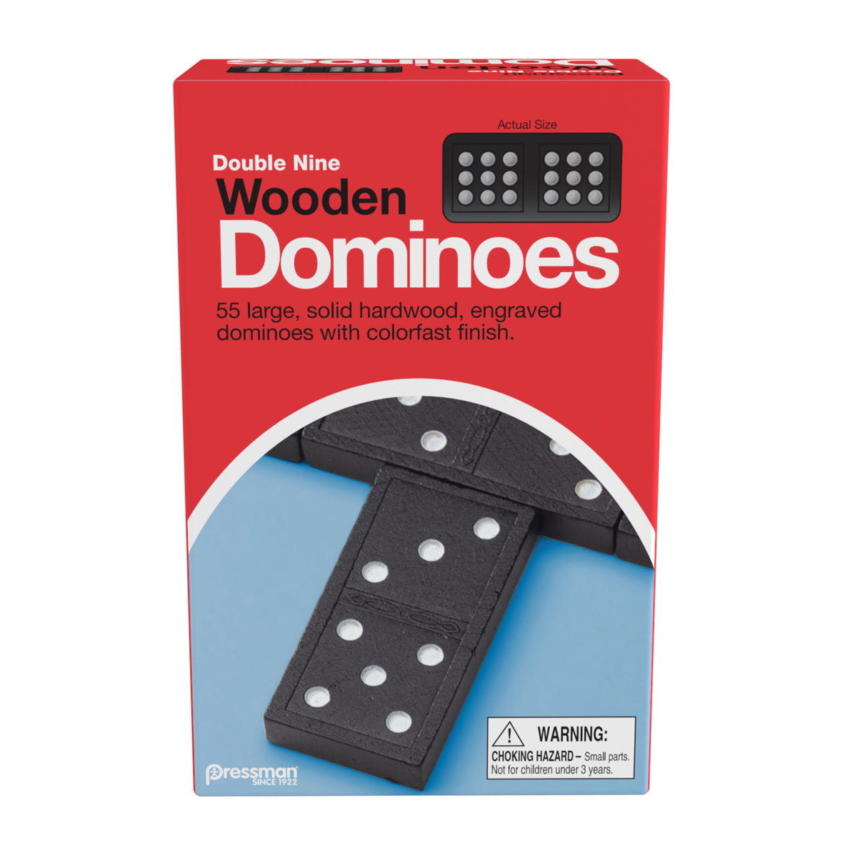 Pressman Double Nine Wooden Dominoes red retail box showing dark wooden tiles with white pips.
