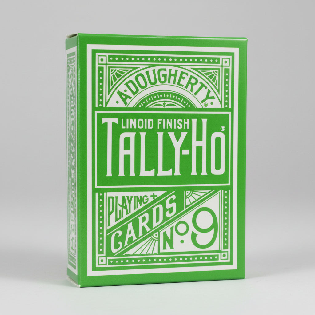 Green and white packaging of Tally-Ho playing cards with 'A Dougherty' branding.