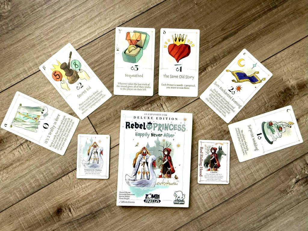 Happily Never After expansion box surrounded by illustrated round cards.