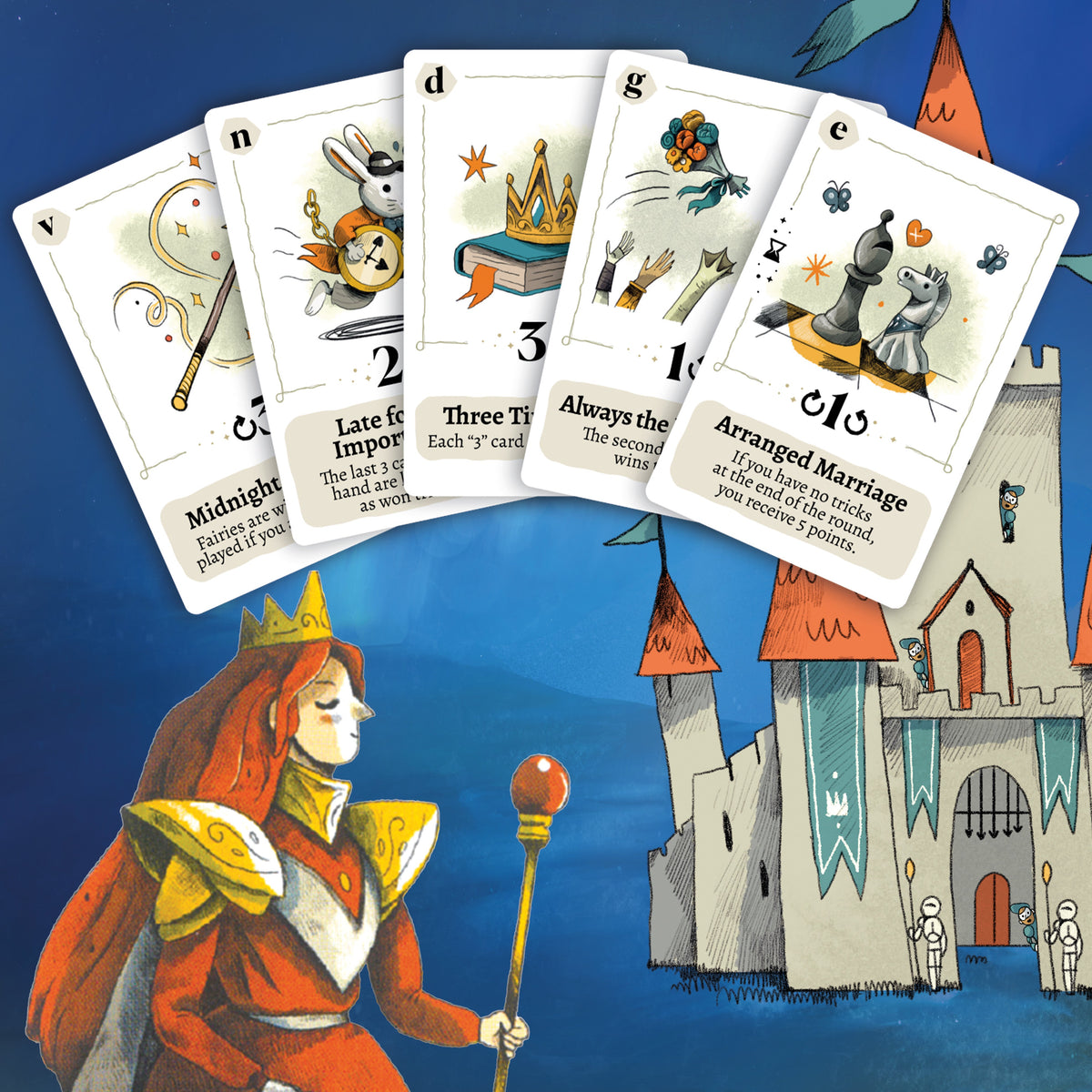 Oversized round cards from Rebel Princess Deluxe Edition fanned above castle artwork.