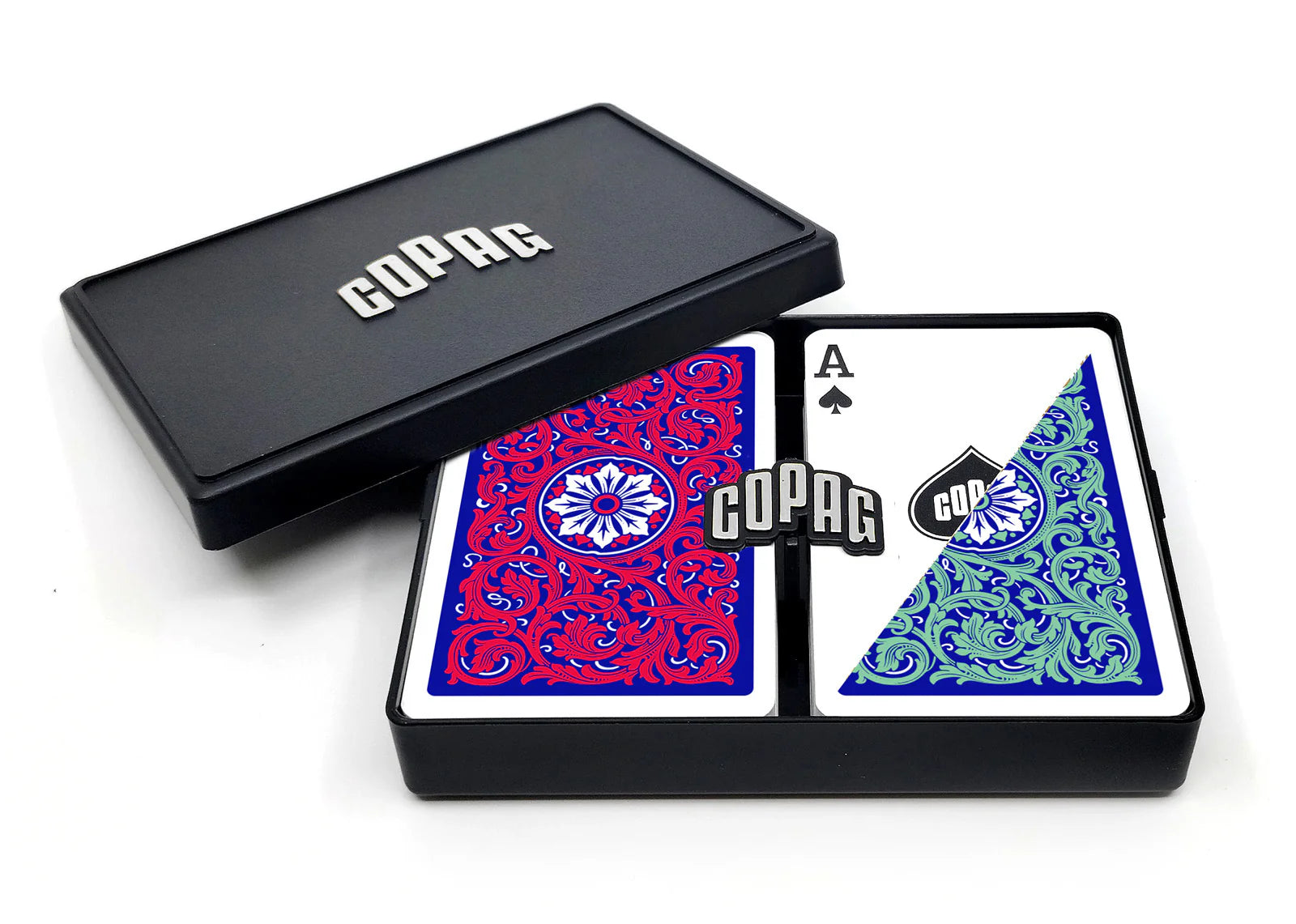 Copag Neoteric Bridge Size Regular Index (Red & Green) playing cards with two cards open showing intricate designs and the brand name.