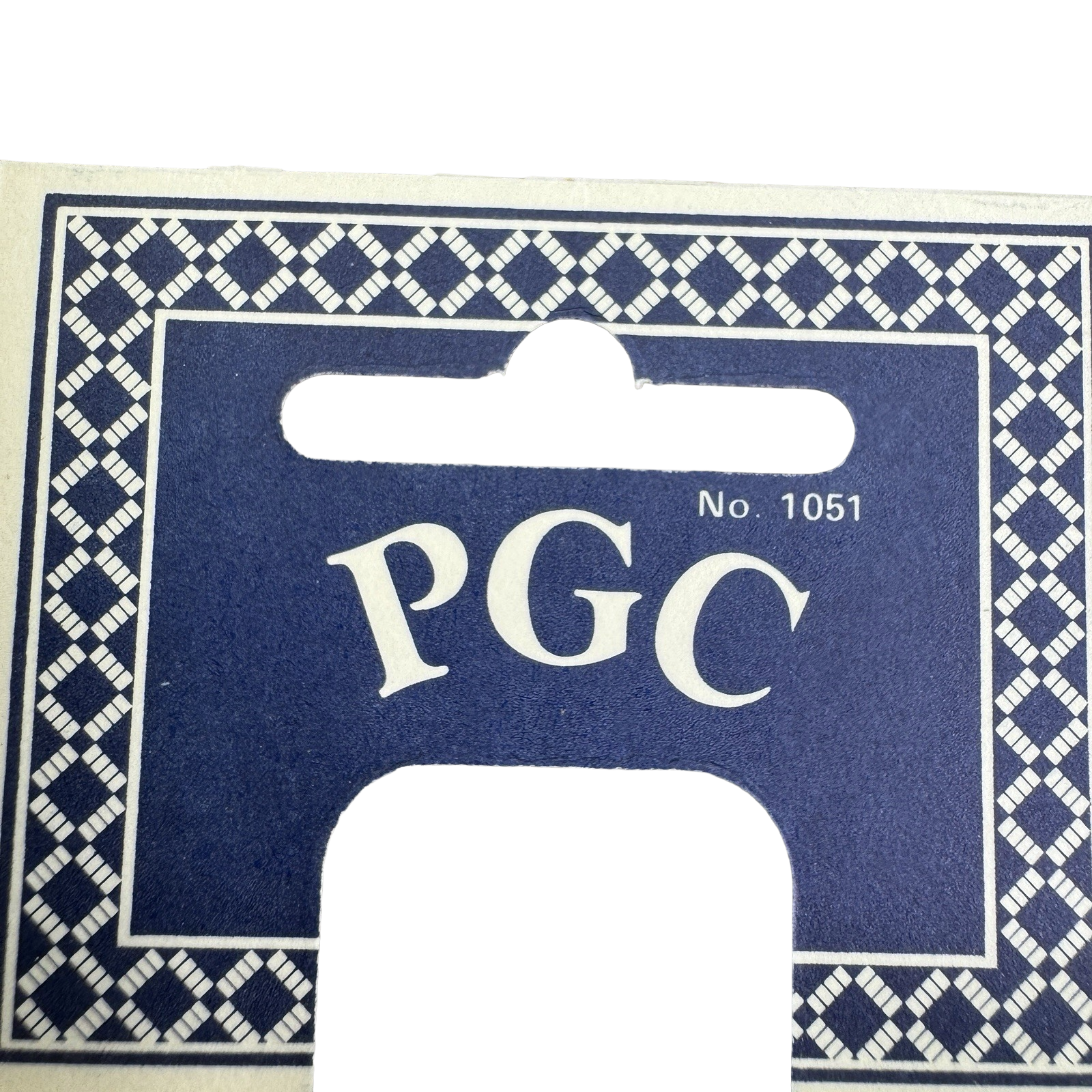 Blue card with 'PGC' branding and a white hanging tab on a white background