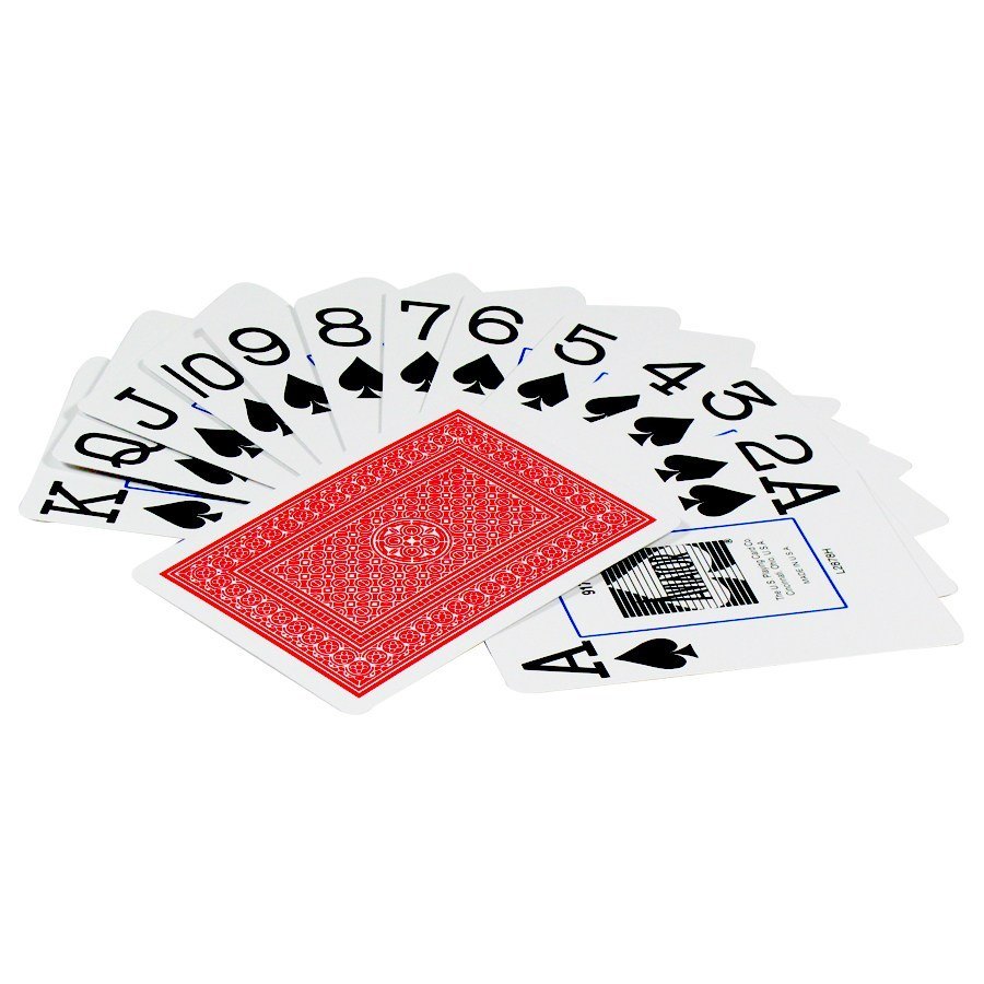 Set of playing cards with a red back and black text on a white background
