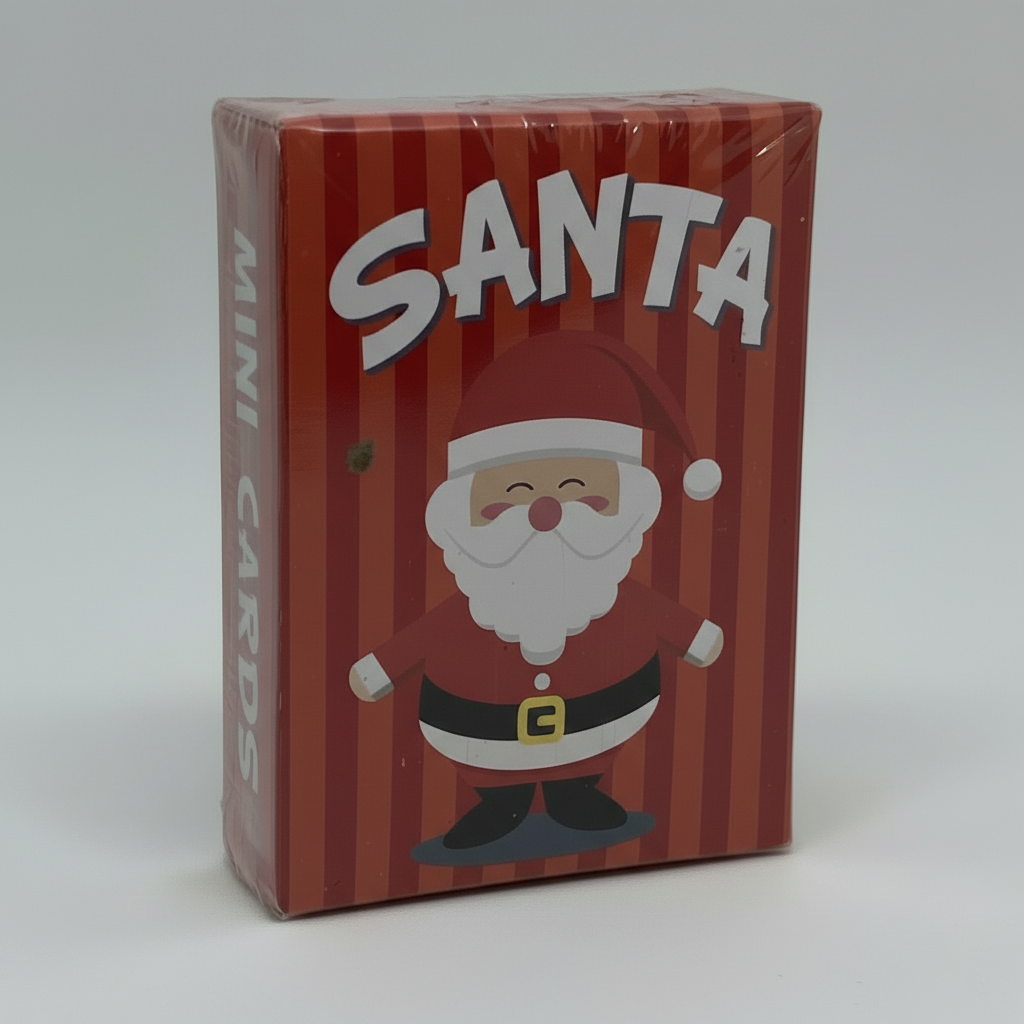 Box of mini Santa cards with a cartoon Santa Claus illustration on a red striped background.