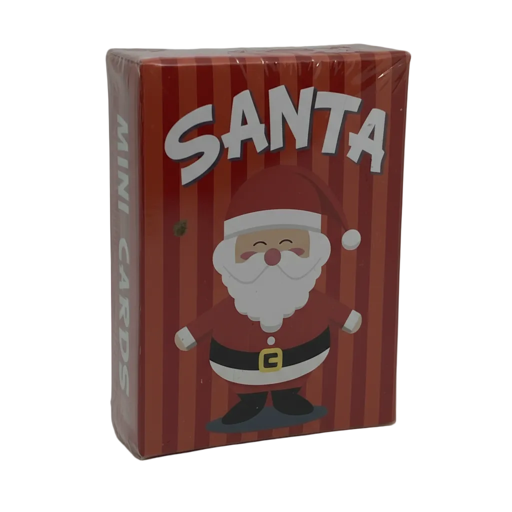 Box of mini Santa cards with a cartoon Santa Claus illustration on a red striped background.