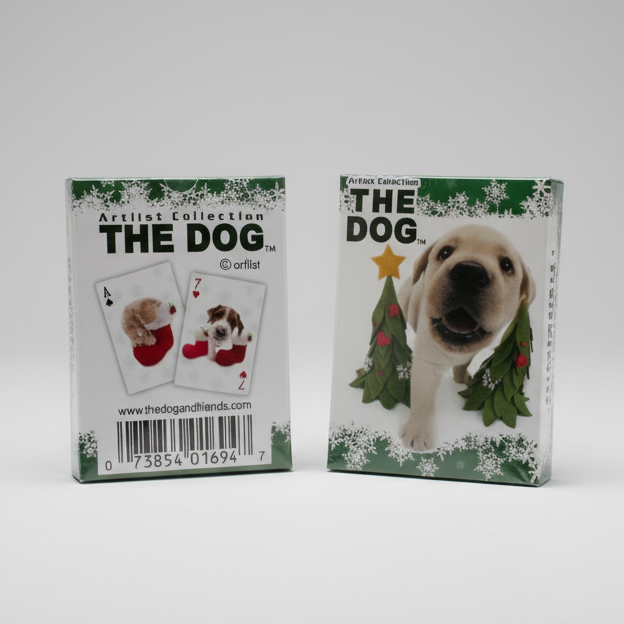 Two playing card packs featuring a dog-themed design on a white background