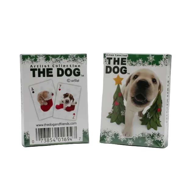 Two playing card packs featuring a dog-themed design on a white background