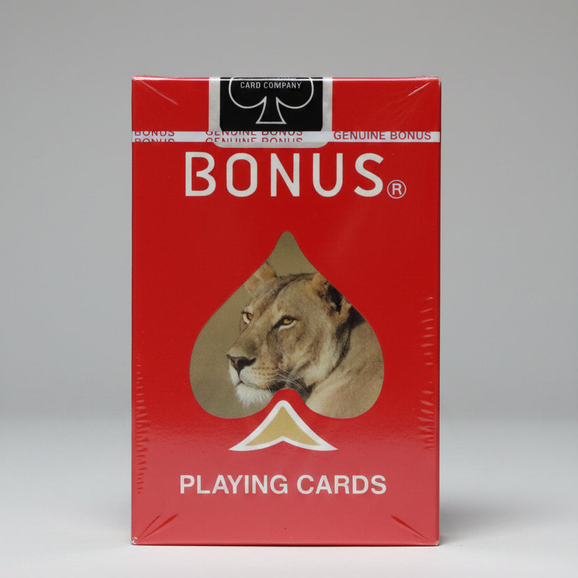 Bonus Lioness Playing Cards red tuck box close-up with lioness image in spade window