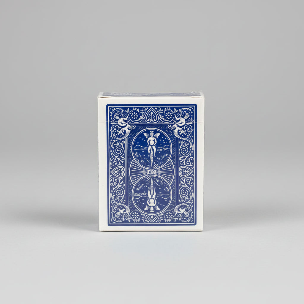 Bicycle Mini Playing Card box with blue design on a gray background