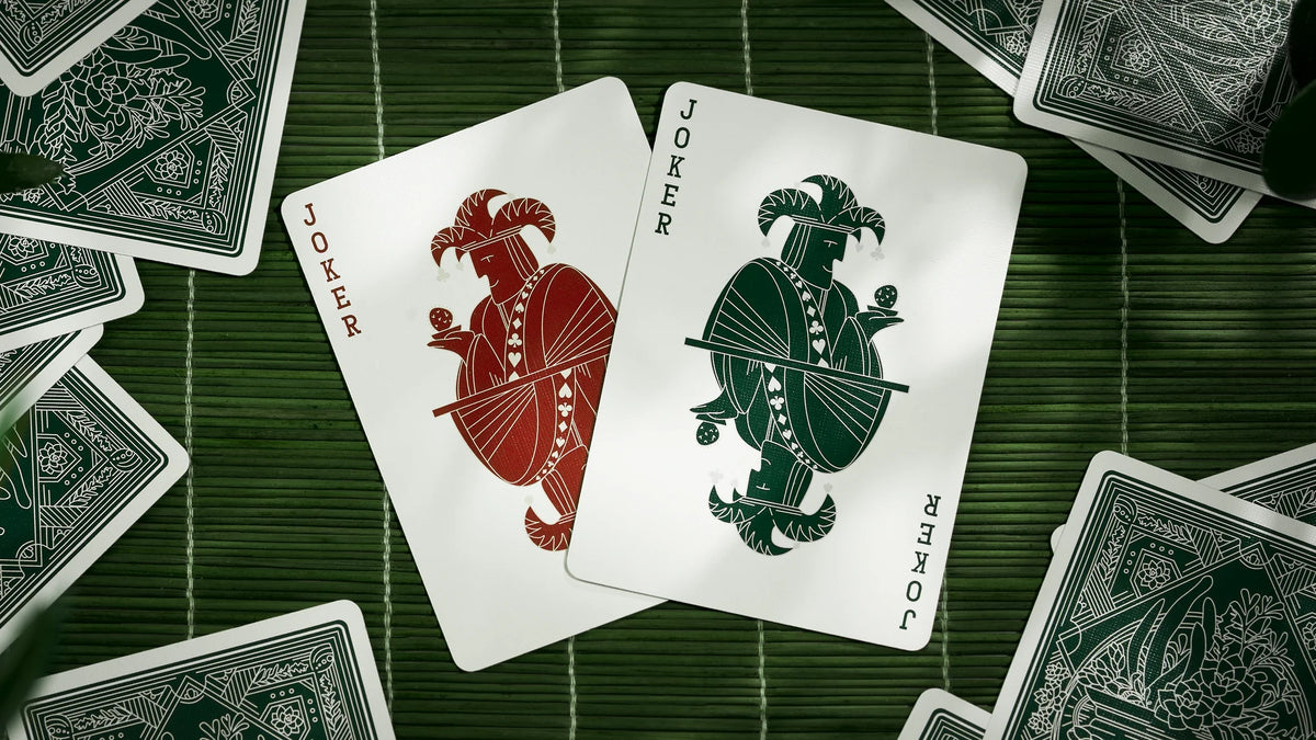 Two custom Succulent Playing Cards Jokers in contrasting green and red botanical styling