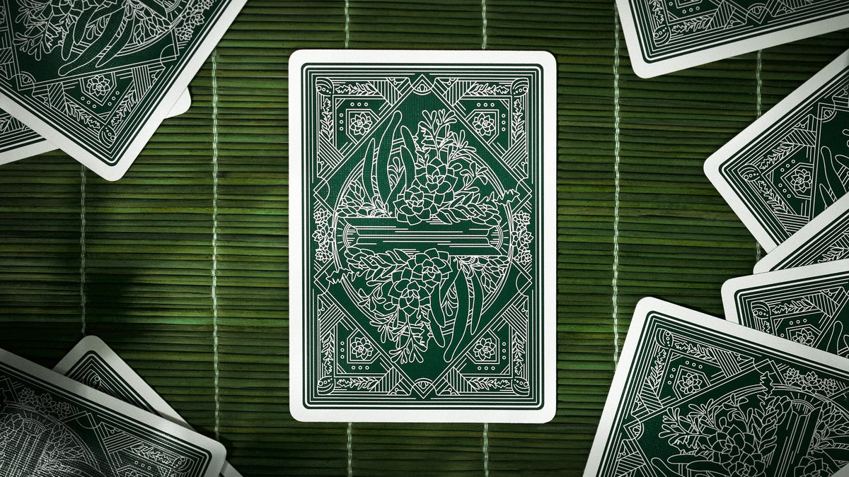 Succulent Playing Cards two-way forest-green card back with white cactus and succulent line art