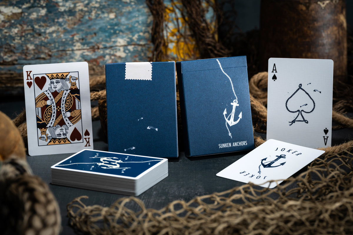 Sunken Anchors Standard Edition tuck box, double-anchor card backs, Ace of Spades and King of Hearts.