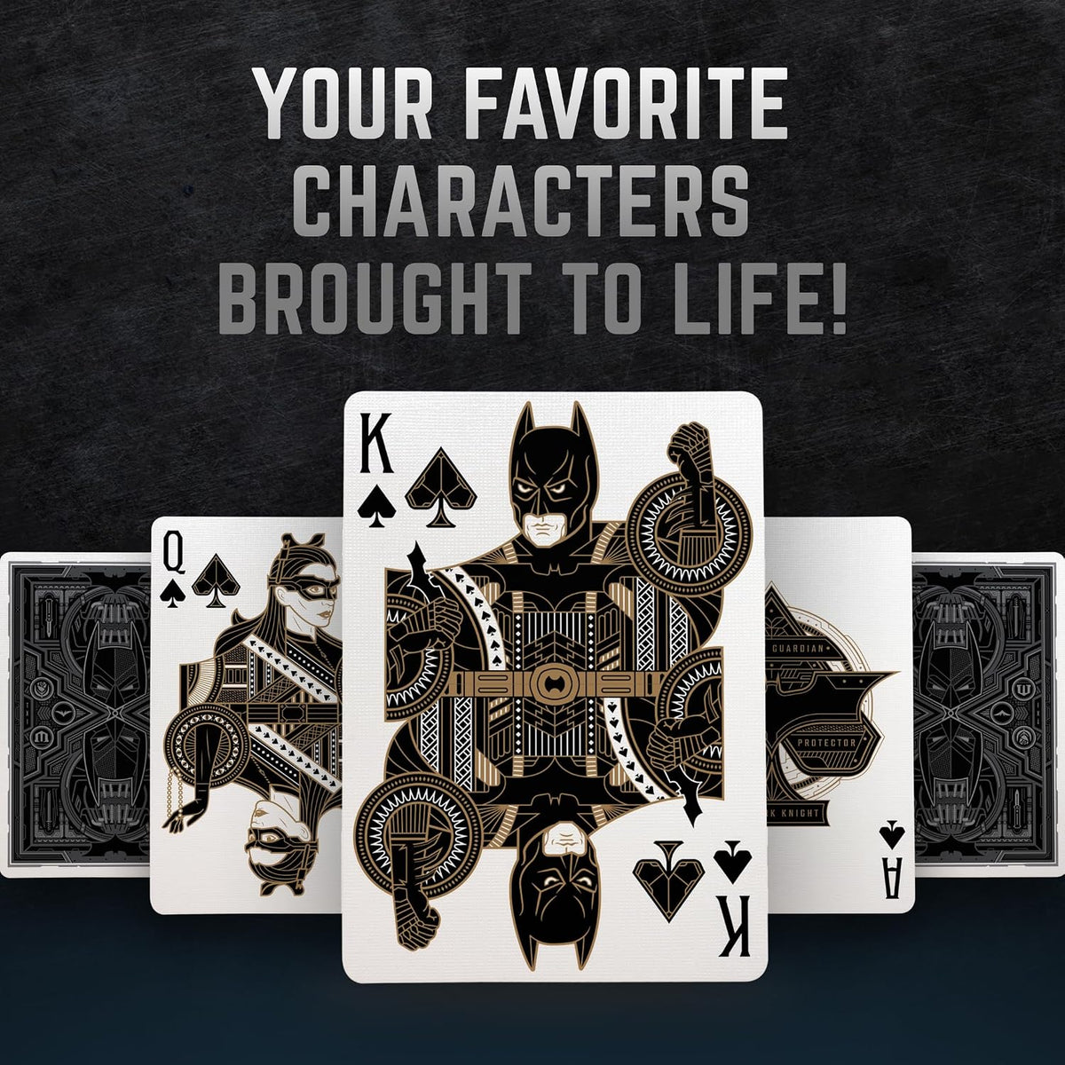 Promotional graphic for theory11 The Dark Knight Playing Cards showing Batman, Catwoman, the Ace of Spades, and card backs.