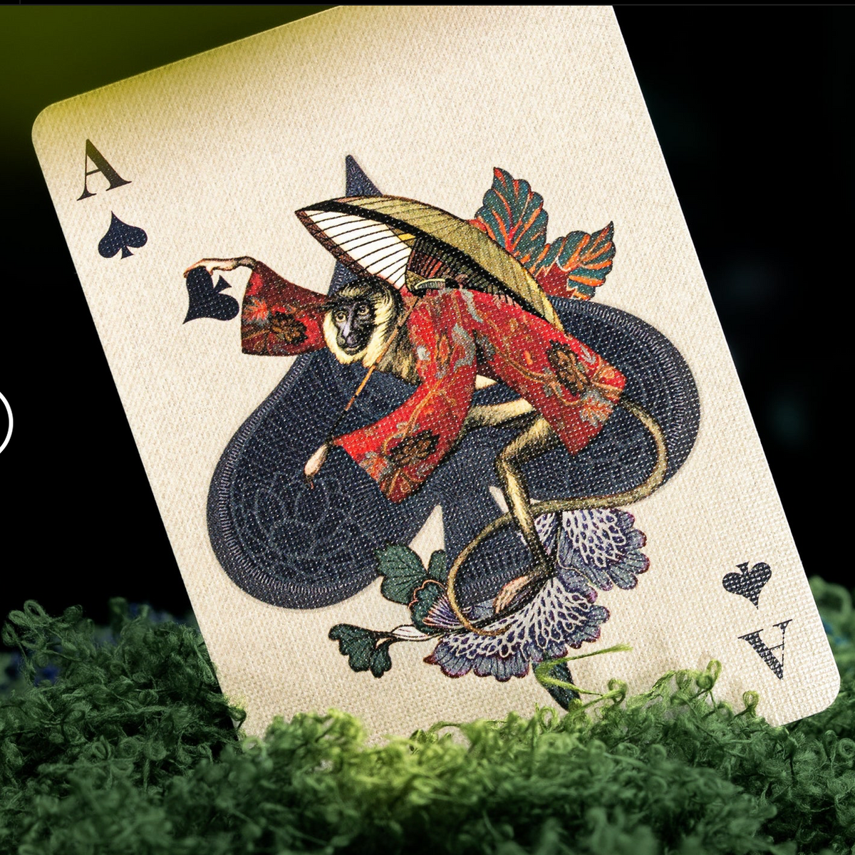 Moooi Tokyo Blue Ace of Spades showing a monkey in a red patterned robe and broad hat against an oversized spade.