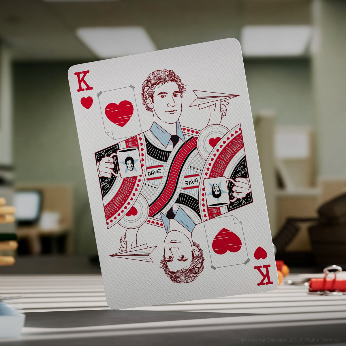 Jim Halpert on The Office Playing Cards King of Hearts with a paper airplane and Dave name tag