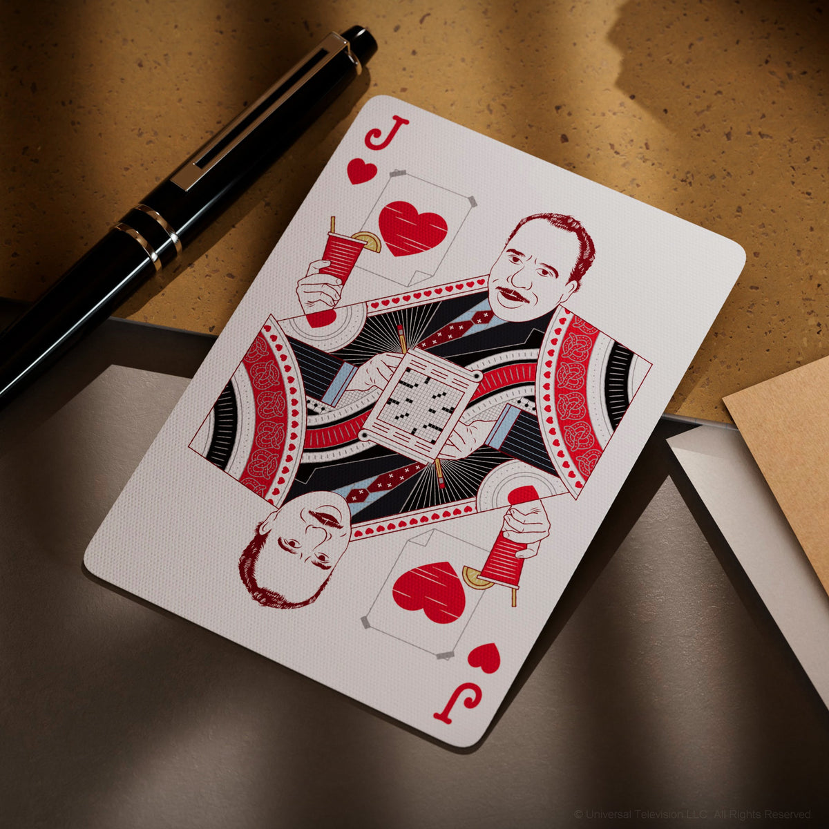 Michael Scott illustrated on The Office Playing Cards Jack of Hearts with a drink and notepad