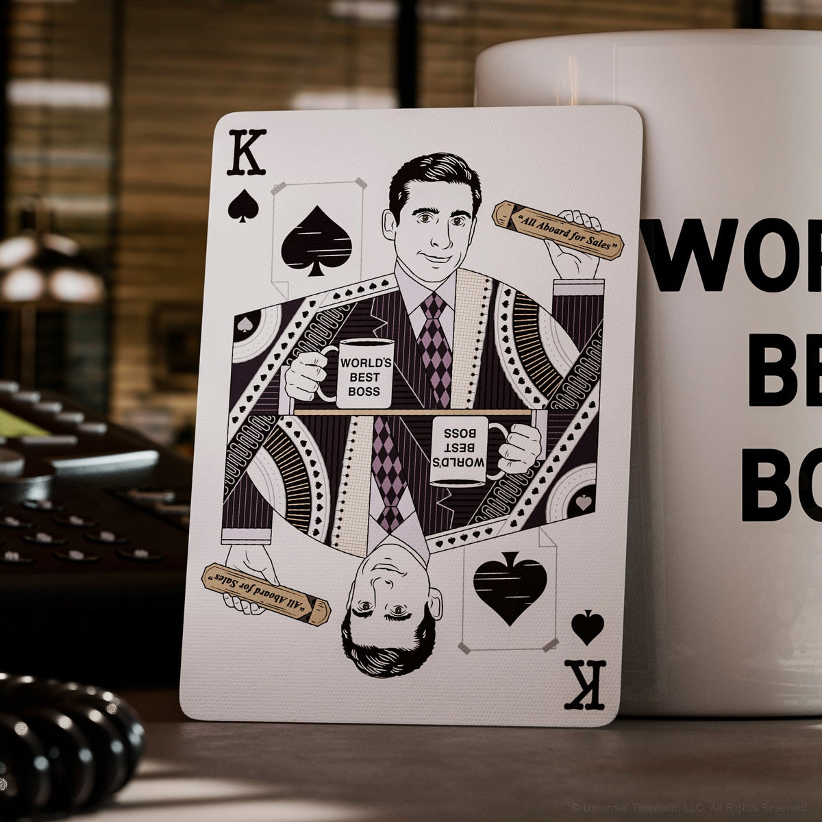 Michael Scott on The Office Playing Cards King of Spades holding a World's Best Boss mug