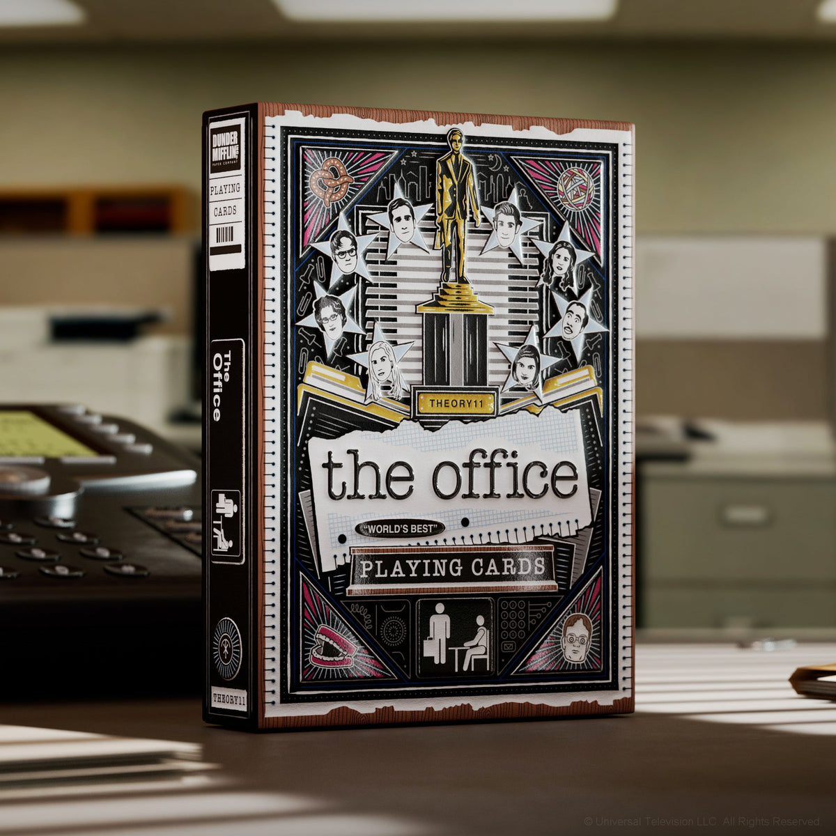 Front of theory11 The Office Playing Cards tuck box with Dunder Mifflin characters and The Office logo