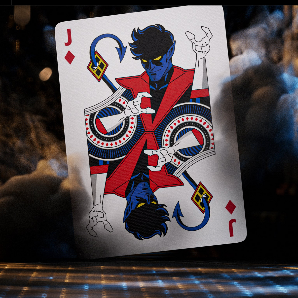 Nightcrawler as the Jack of Diamonds in theory11 X-Men Playing Cards, with blue skin, a red costume, and a curling tail.