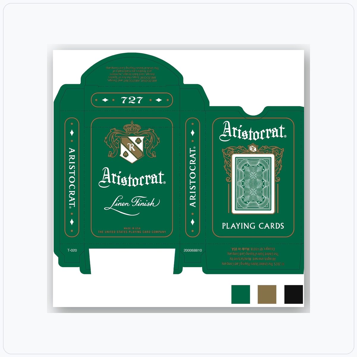 Currency green packaging of Aristocrat playing cards with brand logo and text.