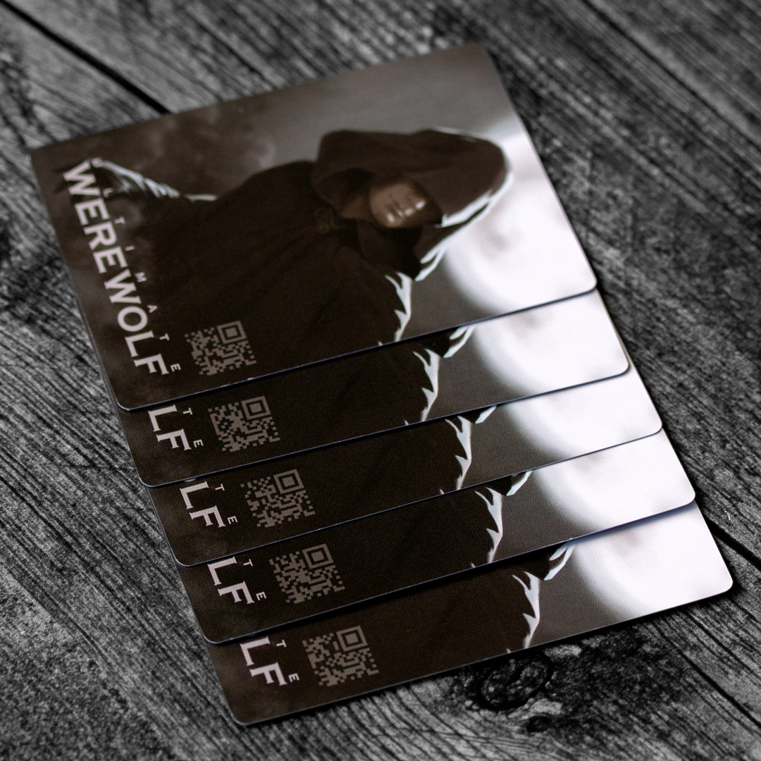Full-moon and micro-QR card-back design for the compatible Ultimate Werewolf Pro card system.