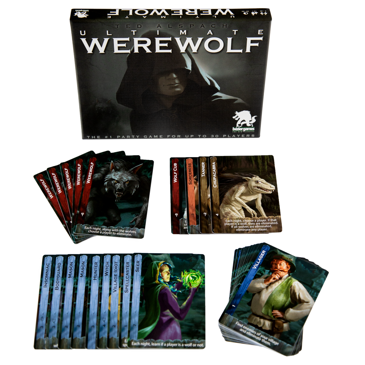 Ultimate Werewolf box with groups of illustrated Villager, Werewolf, and special-role cards.