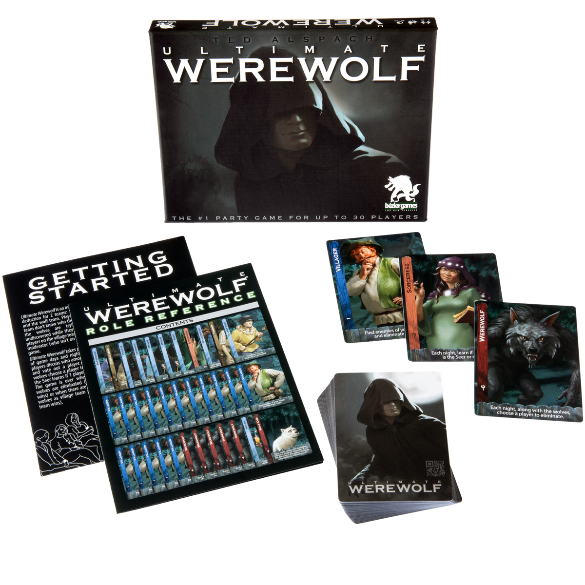 Ultimate Werewolf box, Getting Started guide, role cards, and full-moon card backs.