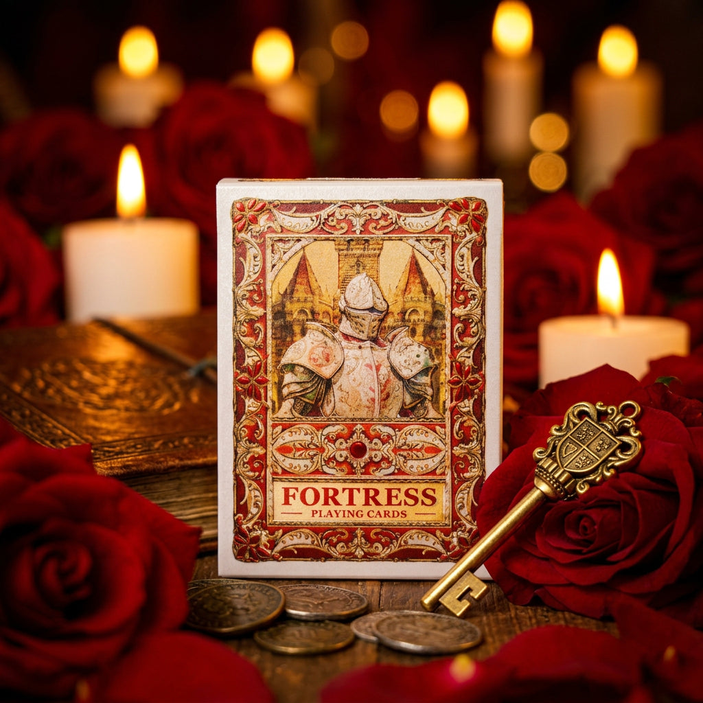 Fortress Playing Cards tuck box with armored knight artwork surrounded by red roses and candles