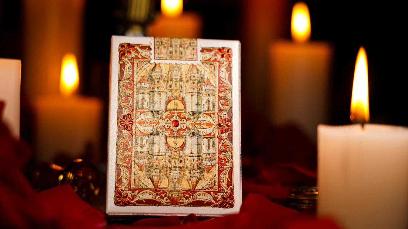 Back of Fortress Playing Cards tuck box featuring mirrored castle artwork