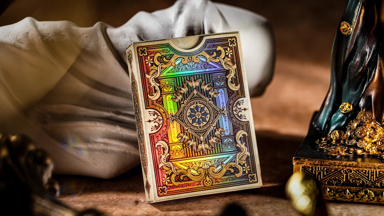 Back of Keyhole Greek Mythology Luxury Edition tuck with holographic architectural artwork
