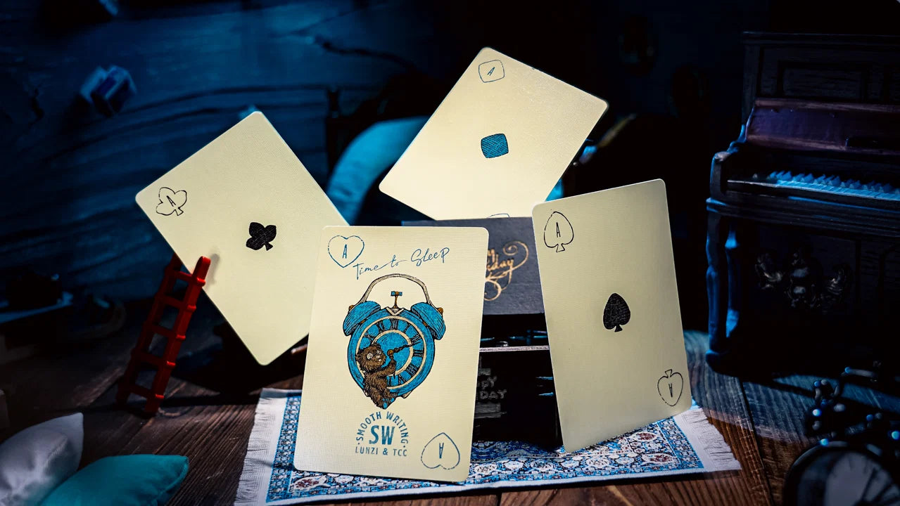 Four custom Aces from Sleep Walk Playing Cards with Time to Sleep alarm clock artwork