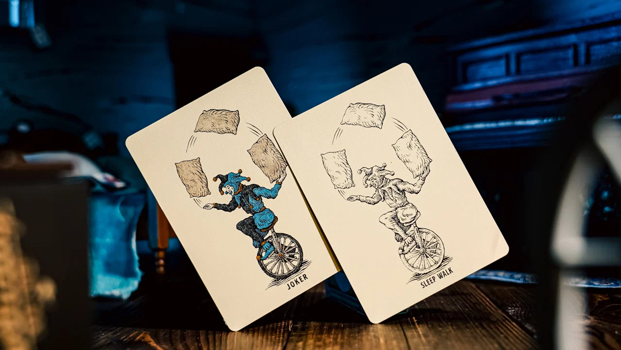 Custom Sleep Walk court and number cards with hand-drawn blue and black artwork