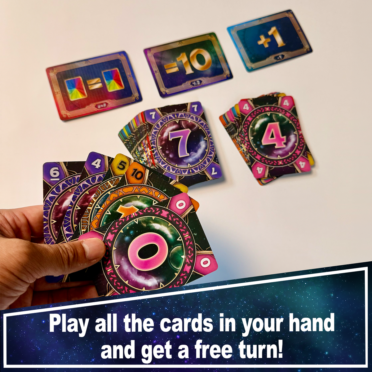 Warp 99 numbered cards and rule cards illustrating the bonus turn for emptying a hand.