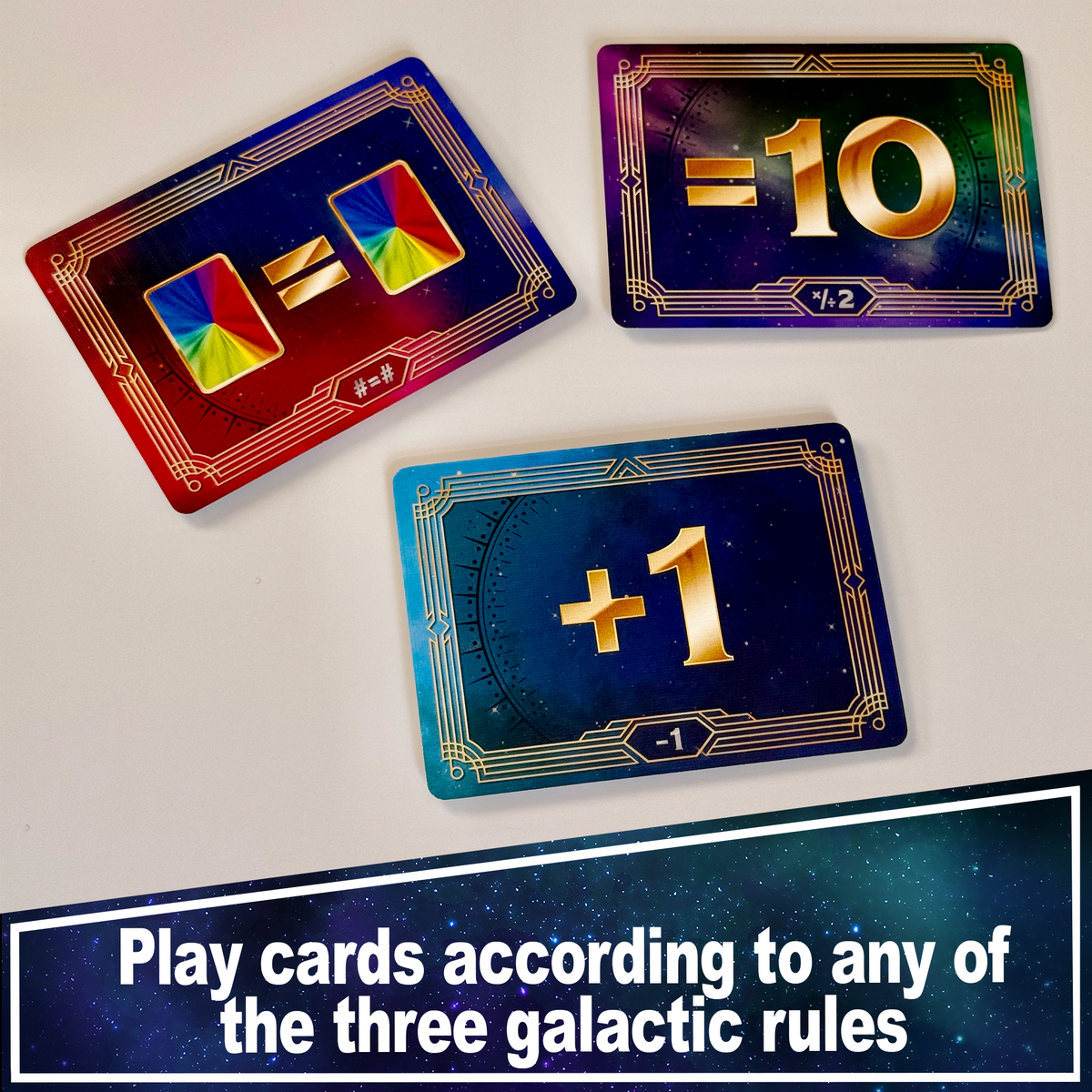 Three Warp 99 galaxy rule cards showing color matching, plus one, and total ten.