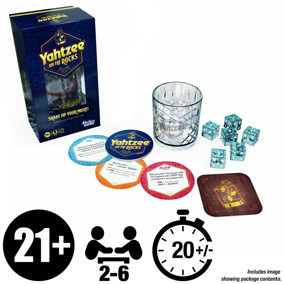 Yahtzee On the Rocks game contents with icons for ages 21 and up, 2–6 players, and 20-plus minutes