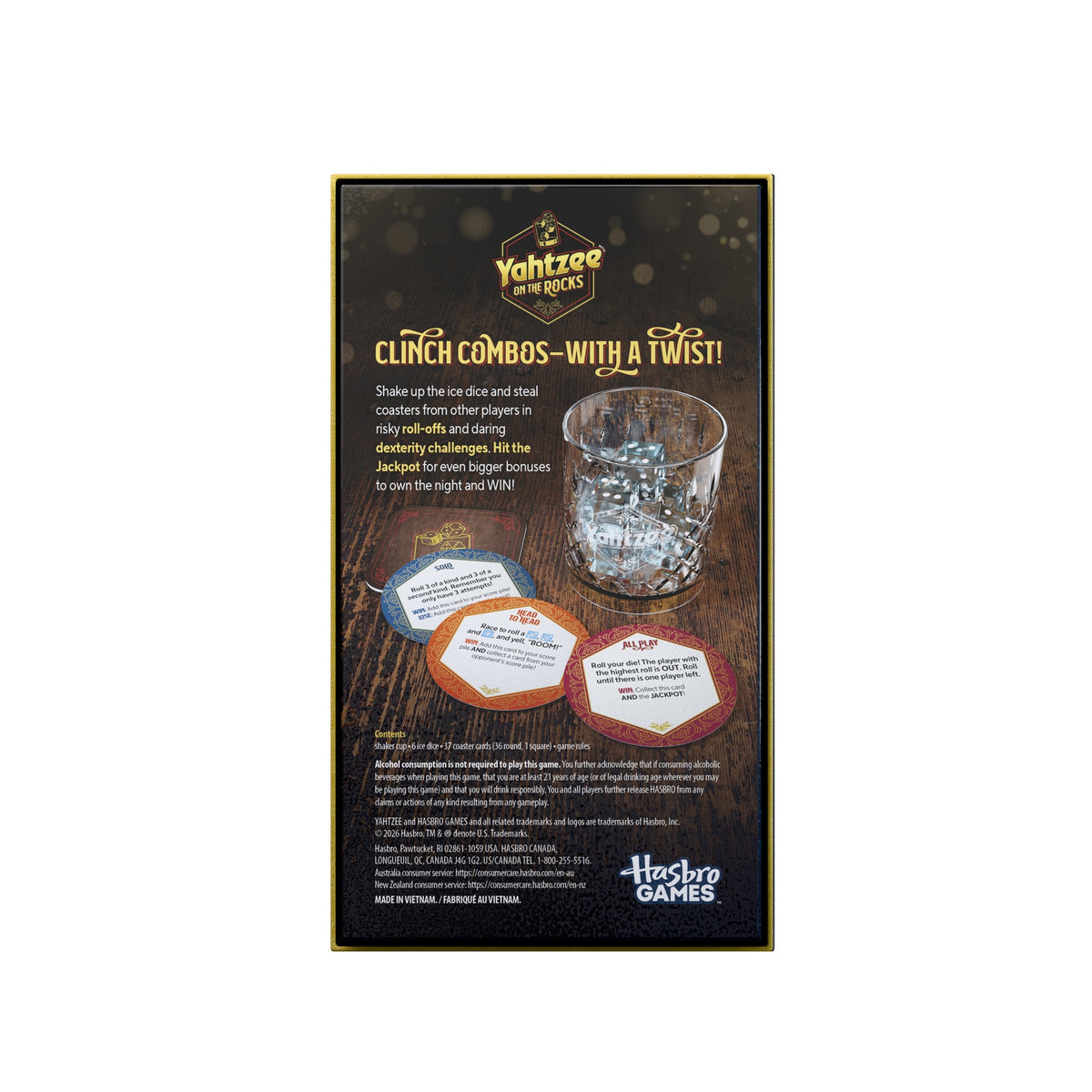 Back of the Yahtzee On the Rocks box showing the dice cup and solo, head-to-head, and all-play coaster challenges