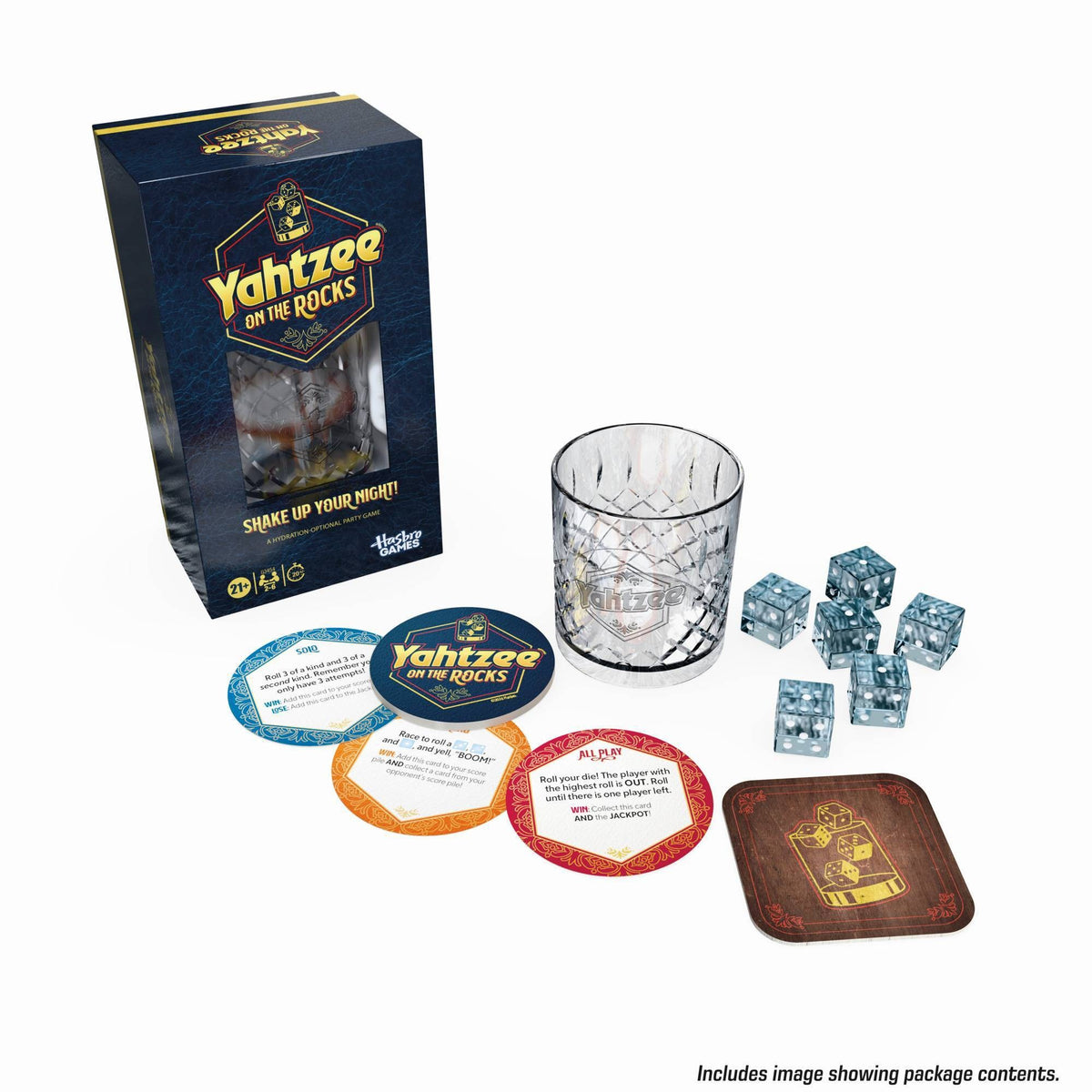 Yahtzee On the Rocks game box, shaker cup, six ice-style dice, and coaster cards
