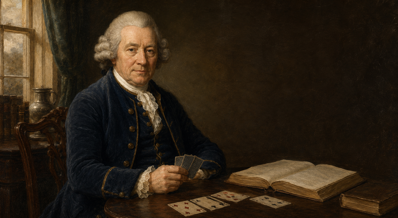 Artist’s interpretation of Edmond Hoyle seated at an eighteenth-century card table with playing cards and an open rule book.