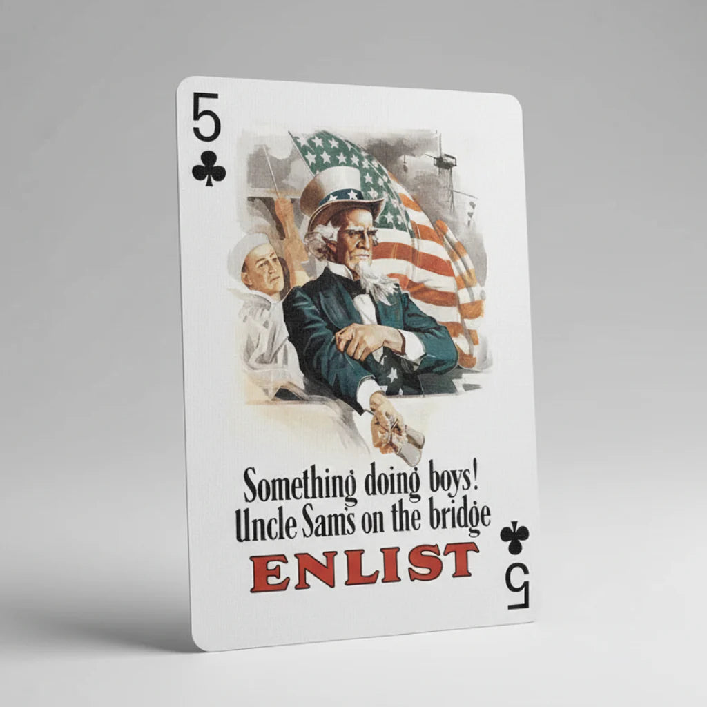 World War I and World War II playing cards with wartime posters, aircraft silhouettes, and historical photographs